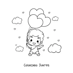 Desenho para colorir de engraçado cupido bebê animado com balões de coração