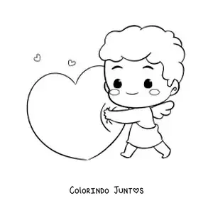 Desenho para colorir de lindo cupido bebê animado abraçando um coração