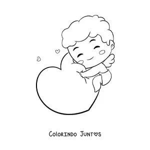 Desenho para colorir de lindo cupido bebê engraçado abraçando um coração