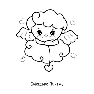 Desenho para colorir de lindo cupido bebê animado em uma nuvem