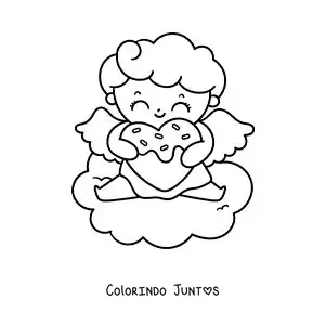 Desenho para colorir de lindo cupido bebê animado com biscoito em forma de coração