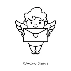 Desenho para colorir de cupido com uma carta de amor