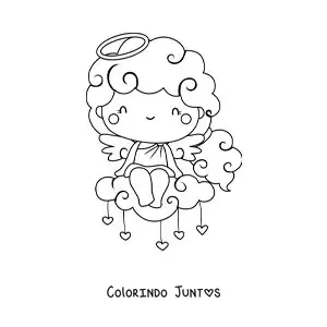 Desenho para colorir de anjo cupido em uma nuvem com corações