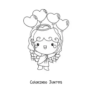 Desenho para colorir de anjo cupido com balões de dia dos namorados