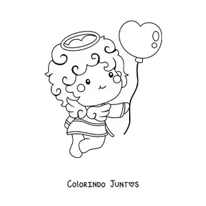 Desenho para colorir de lindo anjo cupido animado com um balão de dia dos namorados