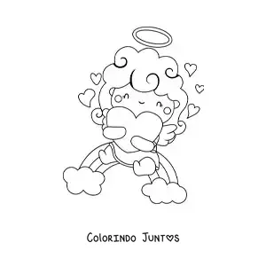Desenho para colorir de anjo cupido em um arco-íris com corações