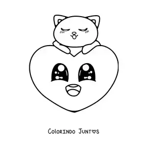 Desenho para colorir de coração bonito animado com um gatinho