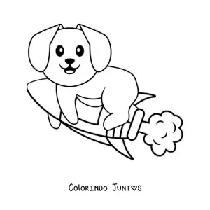 Desenho para colorir de um cachorro animado sobre um foguete em voo