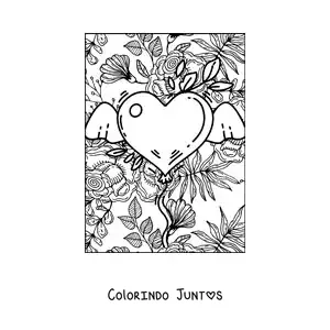 Desenho para colorir de coração com asas e flores