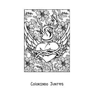 Desenho para colorir de coração em chamas com asas