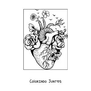 Desenho para colorir de coração realista com flores