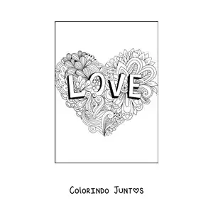 Desenho para colorir de mandala de coração com letras que dizem love