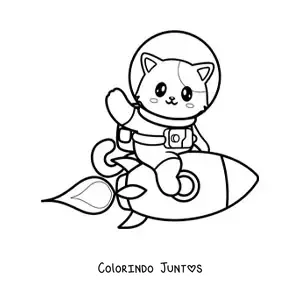 Desenho para colorir de um gato animado com roupa espacial sobre um foguete