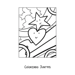 Desenho para colorir de coração animado junto a uma estrela