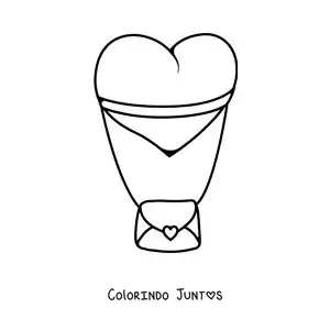 Desenho para colorir de balão em forma de coração amarrado a uma carta de amor