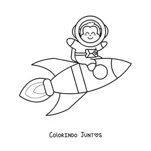 Desenho para colorir de um macaco animado com roupa espacial sobre um foguete