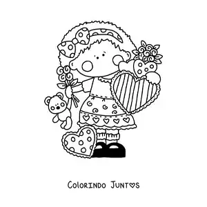 Desenho para colorir de menina com rosas e corações de dia dos namorados