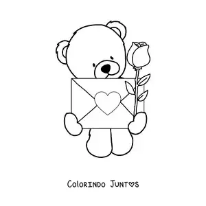 Desenho para colorir de urso animado com rosas e uma carta de amor