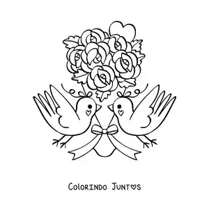 Desenho para colorir de lindo buquê de rosas com pássaros e um coração