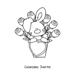 Desenho para colorir de coelhinho fofo animado com um buquê de rosas e um coração
