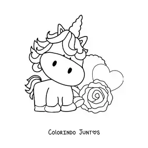 Desenho para colorir de lindo unicórnio animado com uma rosa e um coração