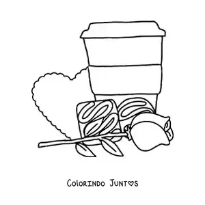 Desenho para colorir de copo de café com bombons, uma rosa e um coração