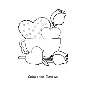 Desenho para colorir de xícara de café com corações e rosas