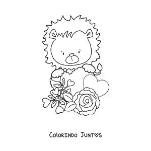 Desenho para colorir de leão animado com rosas e corações de dia dos namorados