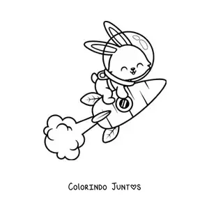 Desenho para colorir de um coelho animado em um foguete de cenoura