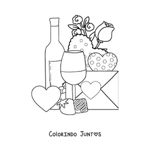 Desenho para colorir de garrafa de vinho com corações, rosas e uma carta de amor