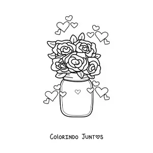 Desenho para colorir de buquê de rosas em um vaso com corações