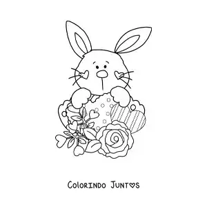 Desenho para colorir de lindo coelhinho animado com rosas e corações