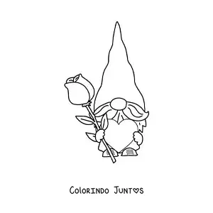 Desenho para colorir de gnomo animado com uma rosa e um coração