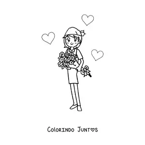 Desenho para colorir de menina com um buquê de rosas e corações ao redor