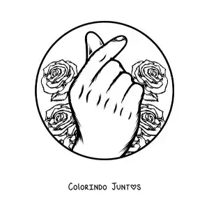Desenho para colorir de mão fazendo o gesto de coração coreano com rosas