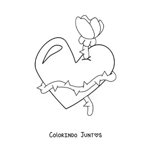 Desenho para colorir de coração rodeado por uma rosa com espinhos