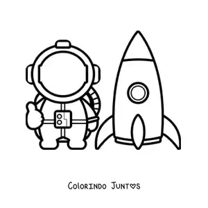 Desenho para colorir de um astronauta animado junto a um foguete espacial