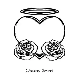 Desenho para colorir de um coração grande com duas rosas