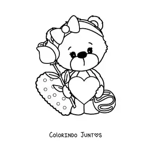 Desenho para colorir de ursinha de pelúcia com corações e uma rosa