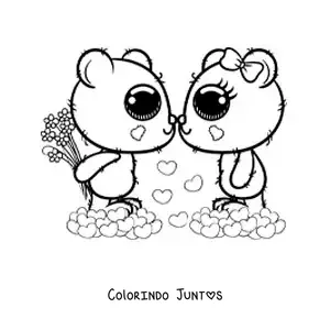 Desenho para colorir de casal de ursos kawaii apaixonados com rosas e corações