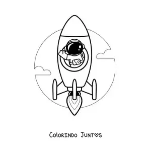 Desenho para colorir de um astronauta acenando de um foguete espacial em voo