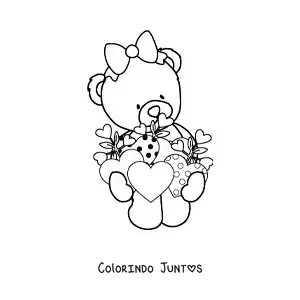 Desenho para colorir de ursinha de pelúcia animada com corações de dia dos namorados