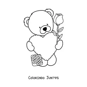 Desenho para colorir de urso de pelúcia com um coração e uma rosa