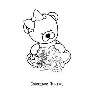 Desenho para colorir de ursinha de pelúcia sentada com flores e corações