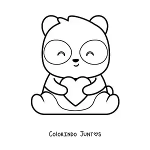 Desenho para colorir de urso panda kawaii sentado com um coração