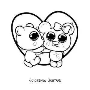 Desenho para colorir de ursinhos kawaii de pelúcia apaixonados com um coração grande
