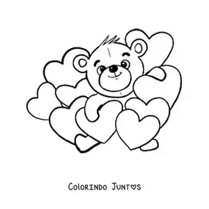 Desenho para colorir de ursinho rodeado de corações