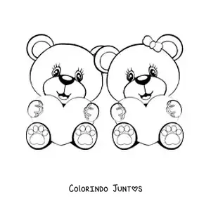 Desenho para colorir de casal de ursos apaixonados sentados com corações