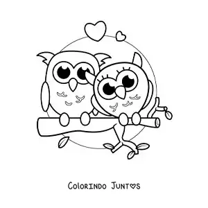 Desenho para colorir de casal de corujas kawaii apaixonadas