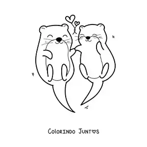 Desenho para colorir de casal de lontras kawaii apaixonadas